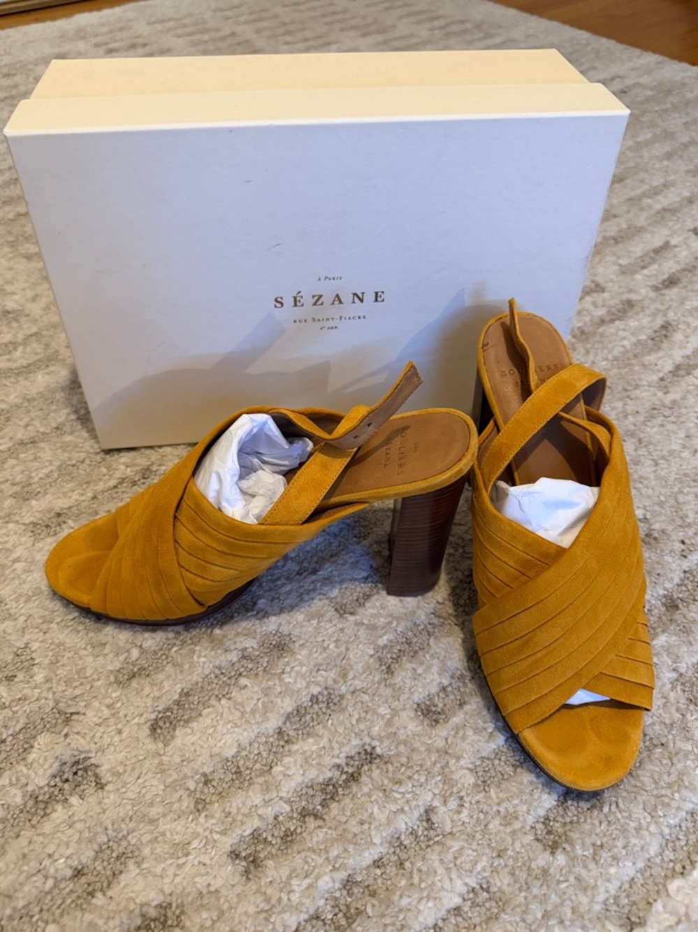 Sezane Mustard Suede Block Heel Sandals